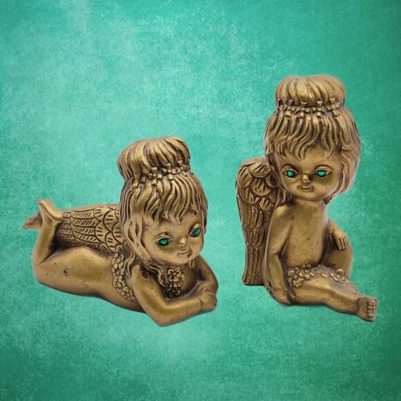 Mid-Century 1960s Golden Green Eyed Angels Norcrest Cherub Figurines - Vintage - Picture 4 of 8